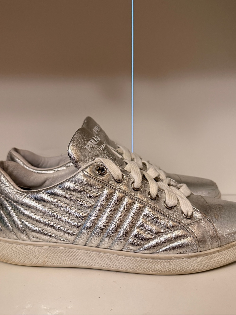 Prada Silver Quilted Leather Low-Top Sneakers